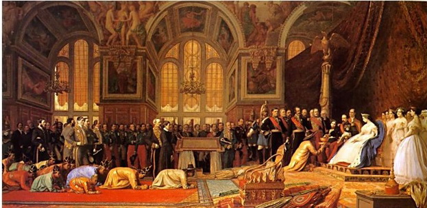 Picture 1 : A picture of Napoleon III, Emperor of France receiving the Siam ambassadors in the ballroom at the Palace of Fontainebleu, France.
